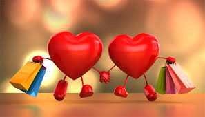 A photo of two cartooned hearts with arms and legs holding hands with shopping bags.